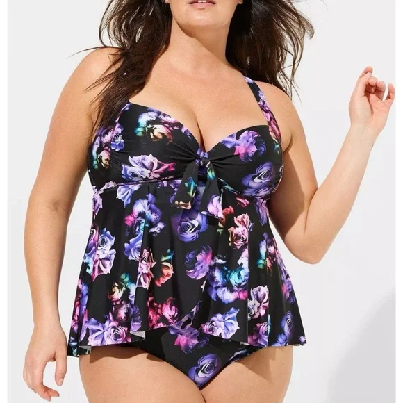 Torrid Midnight Roses Wireless Babydoll Tankini Top & Black Bottoms Swim SET 3X